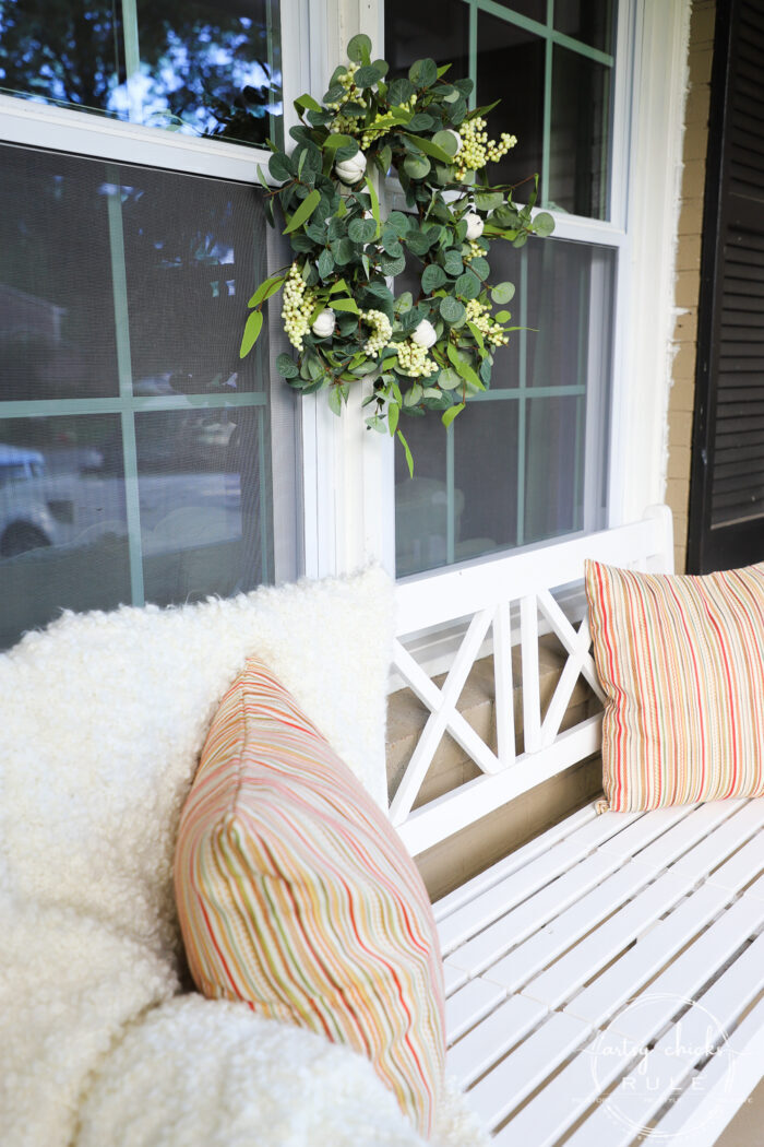 Fall front porch with plum, ivory and orange! Tradtional and a bit of non-traditional too! artsychicksrule.com #fallfrontporch #fallporch