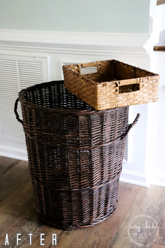 Staining baskets is a great way to give them a brand new look! Made simple with this type of stain! #artsychicksrule.com #gelstain #stainingbaskets