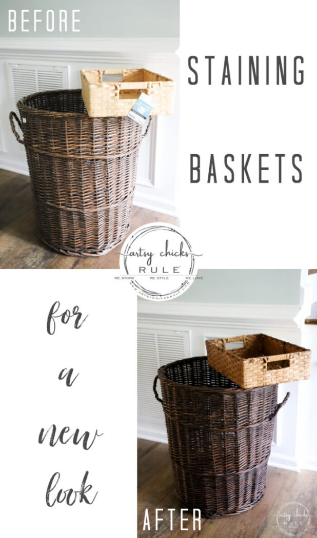 Staining baskets is a great way to give them a brand new look! Made simple with this type of stain! #artsychicksrule.com #gelstain #stainingbaskets