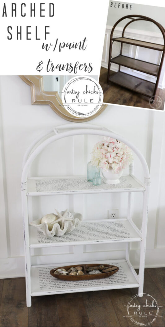 This thrifted arched shelf got a brand new look with paint (easy!) and pretty decorative transfers (so easy!). artsychicksrule.com 