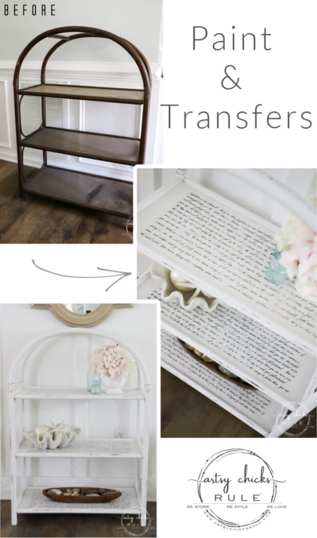 This thrifted arched shelf got a brand new look with paint (easy!) and pretty decorative transfers (so easy!). artsychicksrule.com