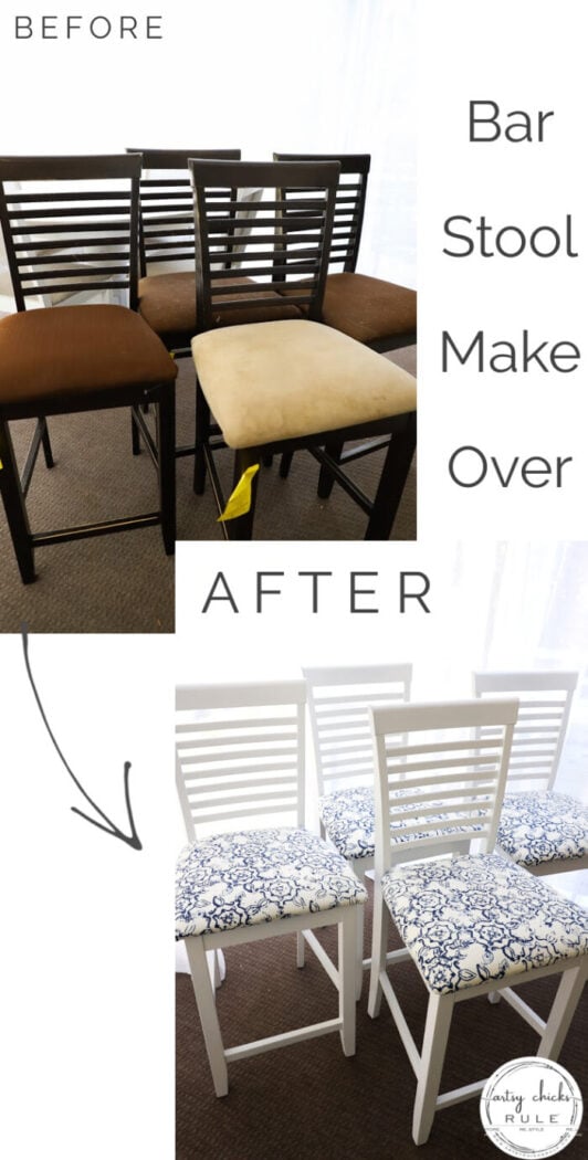 A simple bar stool makeover with spray paint and beautiful discount fabric! artsychicksrule.com #barstoolmakeover #barstoolideas
