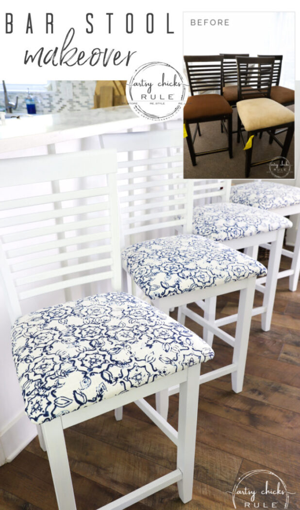 A simple bar stool makeover with spray paint and beautiful discount fabric! artsychicksrule.com #barstoolmakeover #barstoolideas