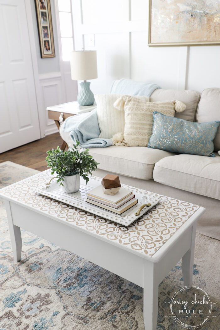 Give any old coffee table a glam new look with a gold stencil! From blah to beautiful with a little paint! artsychicksrule.com #stenciledprojects #stencilideas