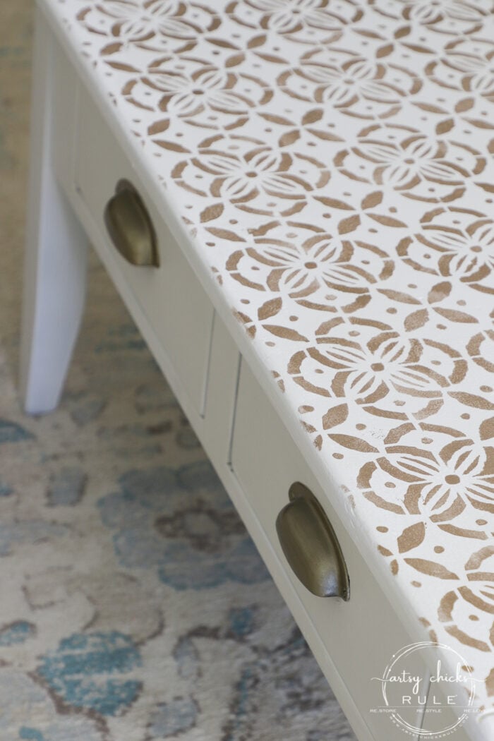 Give any old coffee table a glam new look with a gold stencil! From blah to beautiful with a little paint! artsychicksrule.com #stenciledprojects #stencilideas