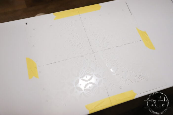 Give any old coffee table a glam new look with a gold stencil! From blah to beautiful with a little paint! artsychicksrule.com #stenciledprojects #stencilideas