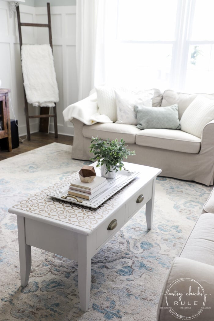 Give any old coffee table a glam new look with a gold stencil! From blah to beautiful with a little paint! artsychicksrule.com #stenciledprojects #stencilideas