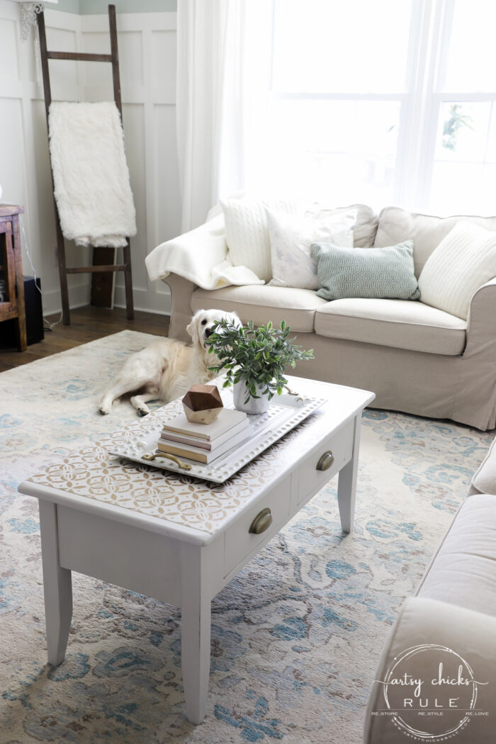 Give any old coffee table a glam new look with a gold stencil! From blah to beautiful with a little paint! artsychicksrule.com #stenciledprojects #stencilideas