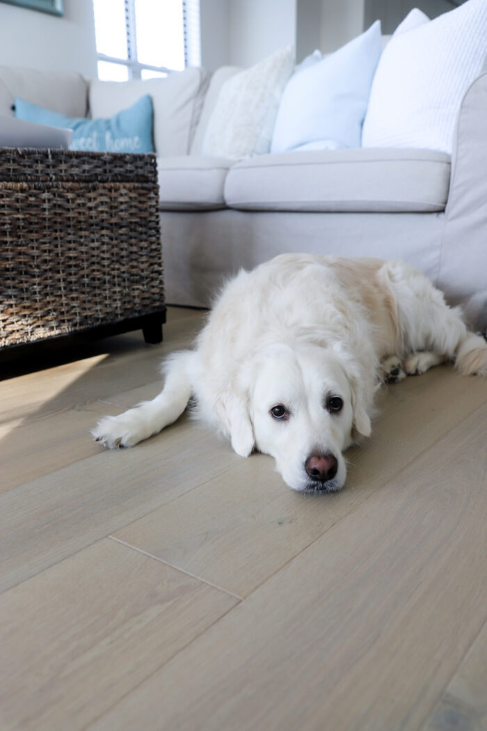 It's reveal day! I'm sharing our whole beach condo and our beautiful new waterproof hardwood flooring. artsychicksrule.com #sponsored #raintreeflooring #woodwithoutworry #waterproofflooring #waterproofhardwood #realhardwood