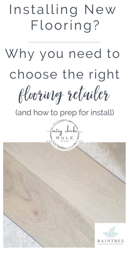 Today I'm talking about our waterproof hardwood flooring update, the importance of finding the right retailer, and how to prep for flooring install. artsychicksrule.com #sp #raintreefloors #waterproofhardwood #raintreeflooring #woodwithoutworry #waterproofflooring