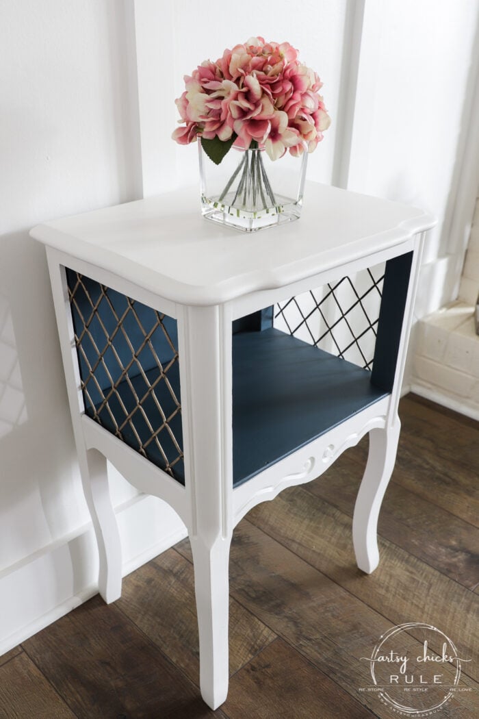 white small table with blue interior metal sides