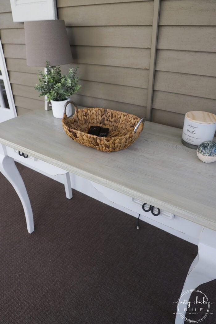 white console table with bleached wood top