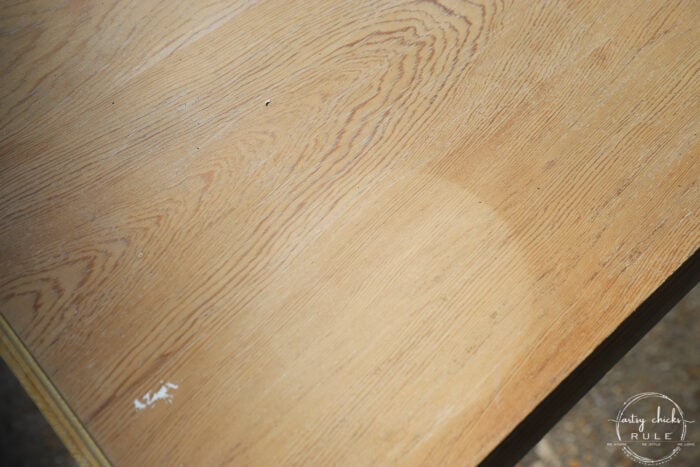 table top after bleaching once showing large ring stain