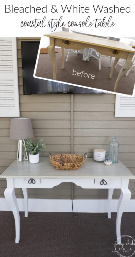 This coastal console table got a new look with wood bleach and a little white paint! artsychicksrule.com