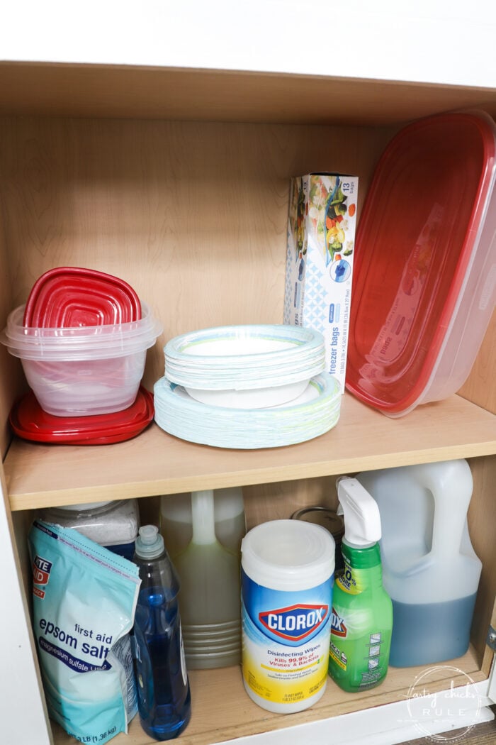 cabinet with plasticware food storage and cleaning supplies