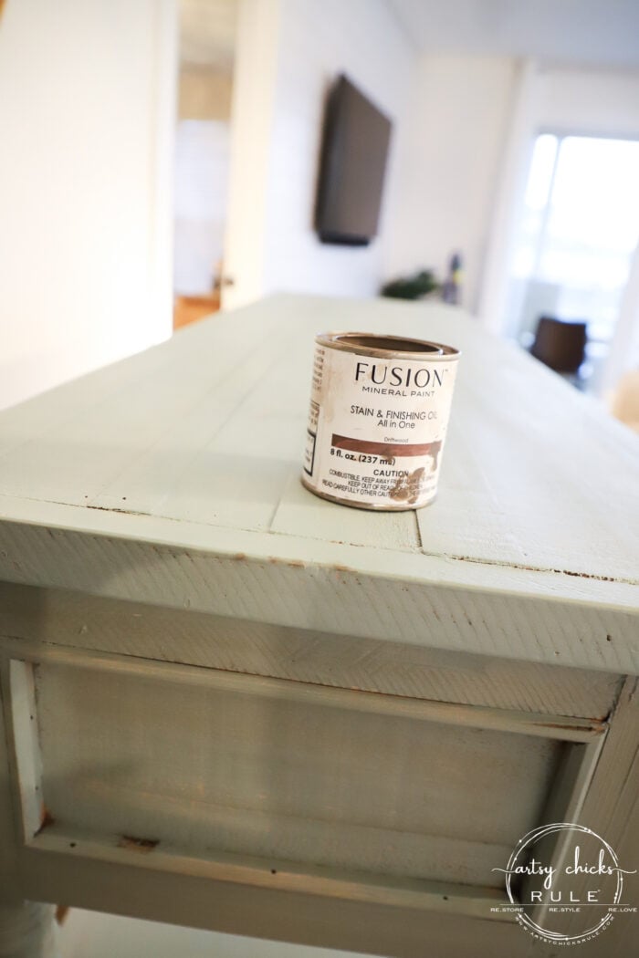 fusion driftwood stain can on top of aqua console