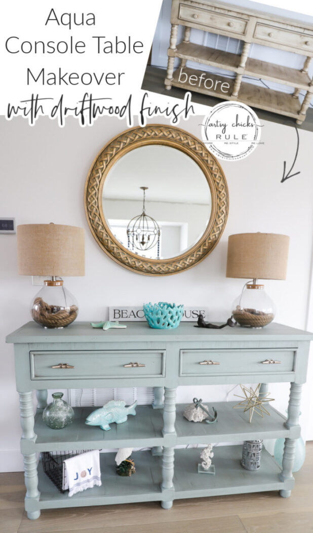 This previously yellow furniture find got a new look... a coastal aqua console table with a gorgeous hint of driftwood to finish the look!