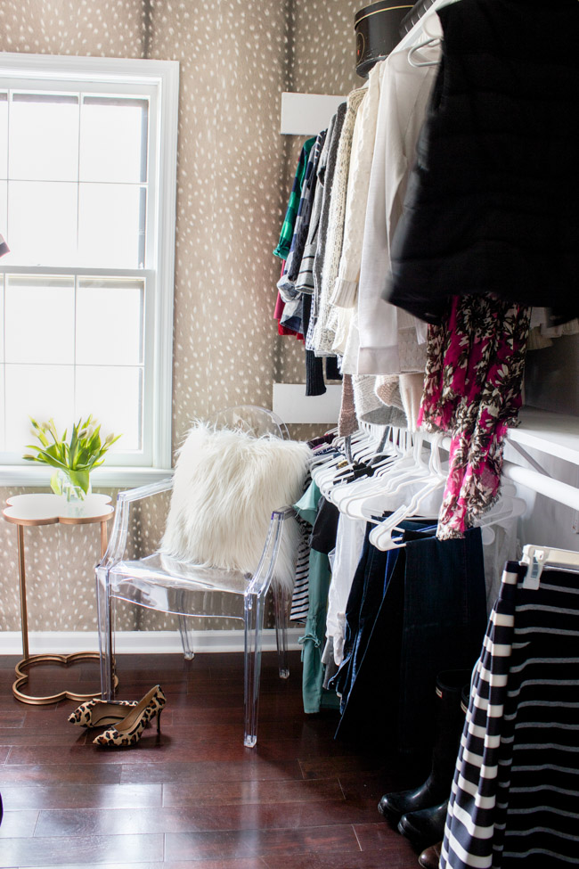 closet with tan wallpaper white polkadots