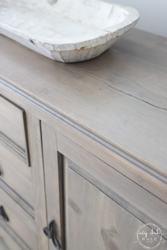 close up of driftwood stain on dresser top and side