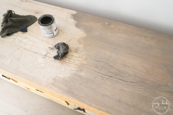 driftwood stain and finishing oil applying to top of dresser