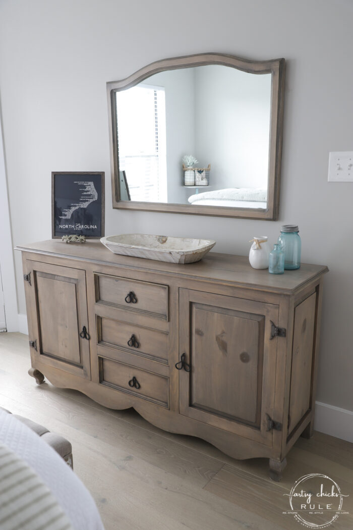 finished driftwood stained dresser and mirror