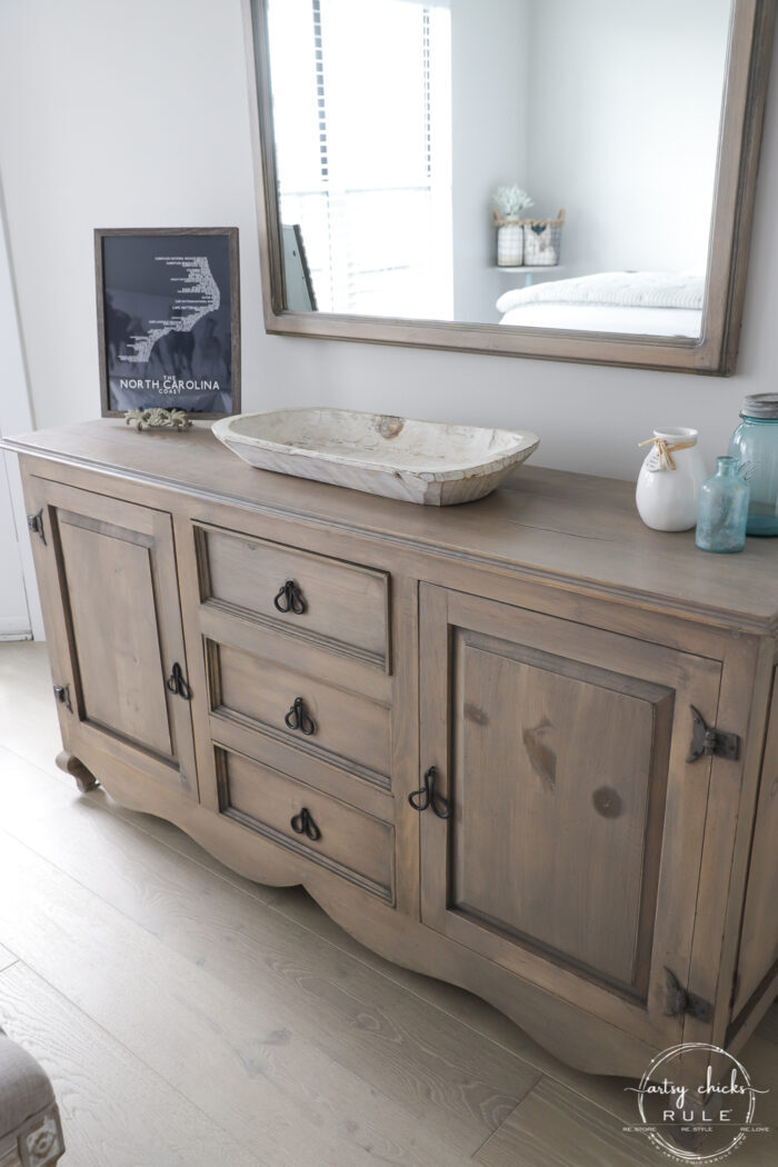 sideview of front of dresser with driftwood stain