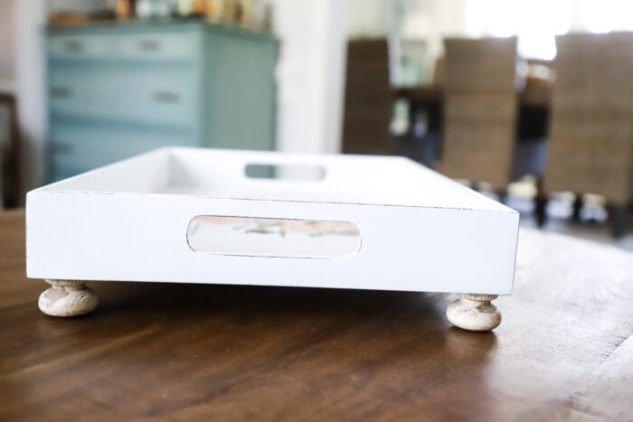 white tray distressed and wood knobs for feet