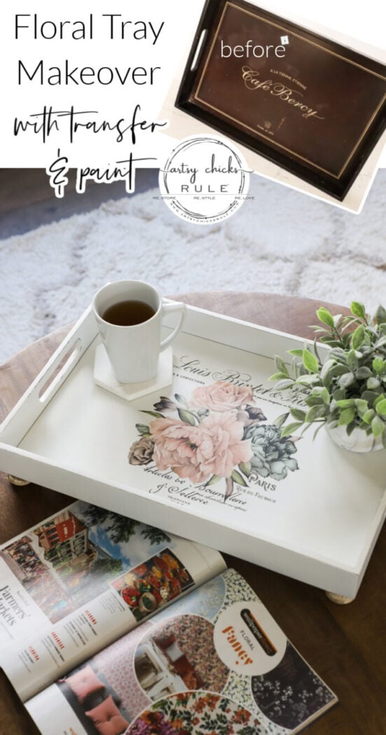 A floral tray makeover, this old thrift store tray got a new look with paint, a floral transfer, and knobs for feet! artsychicksrule.com