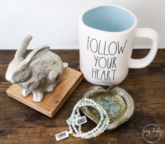 blue and white mug, silver and wood bunny, aqua and white bracelets and heart shaped dish