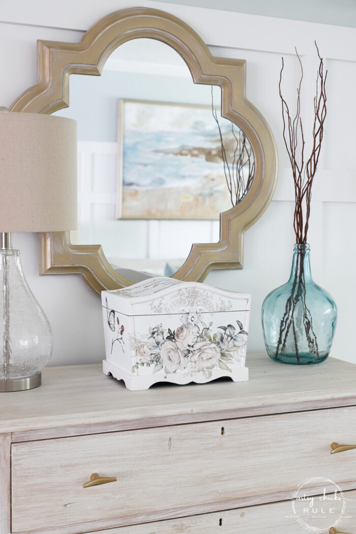 gold mirror, on dresser with white keepsake box