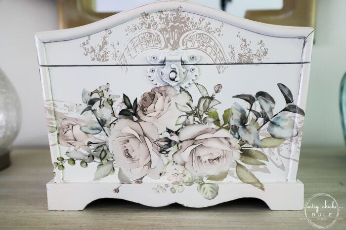 white keepsake box with floral transfers