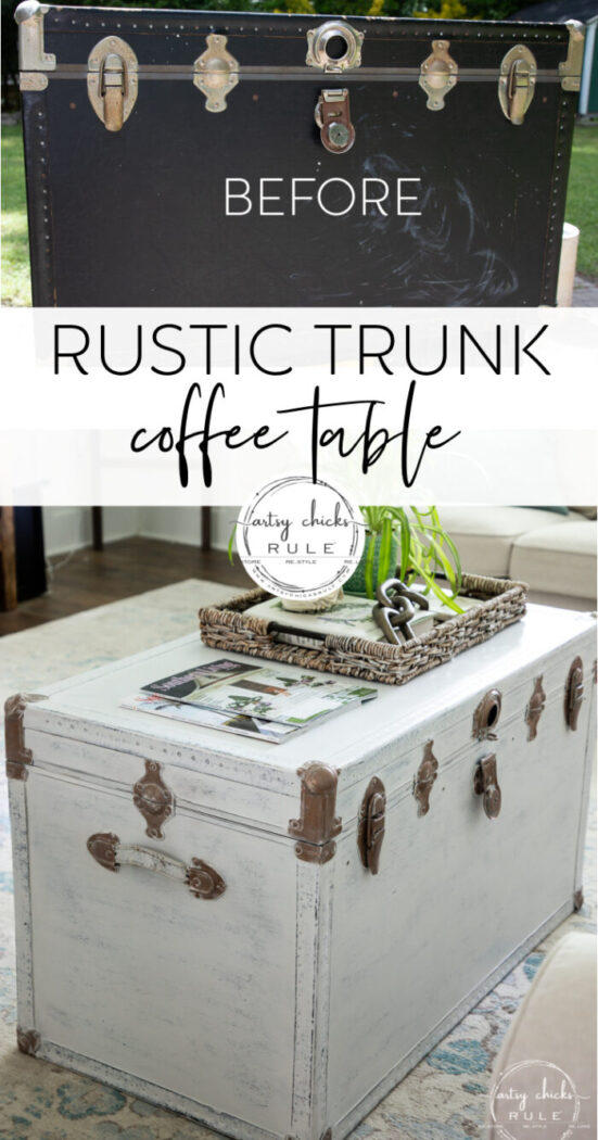 This old thrifted trunk turned rustic trunk coffee table was such a simple makeover! Now ready for new life! artsychicksrule.com