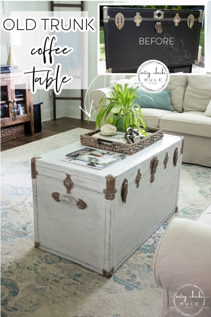 This old thrifted trunk turned rustic trunk coffee table was such a simple makeover! Now ready for new life! artsychicksrule.com