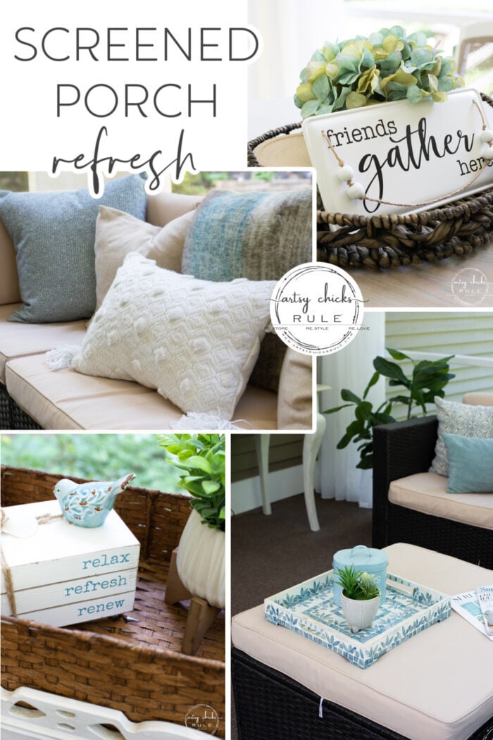 This aqua and brown screened porch refresh is cozy and inviting with pillows, throws, baskets, greenery, and more! artsychicksrule.com