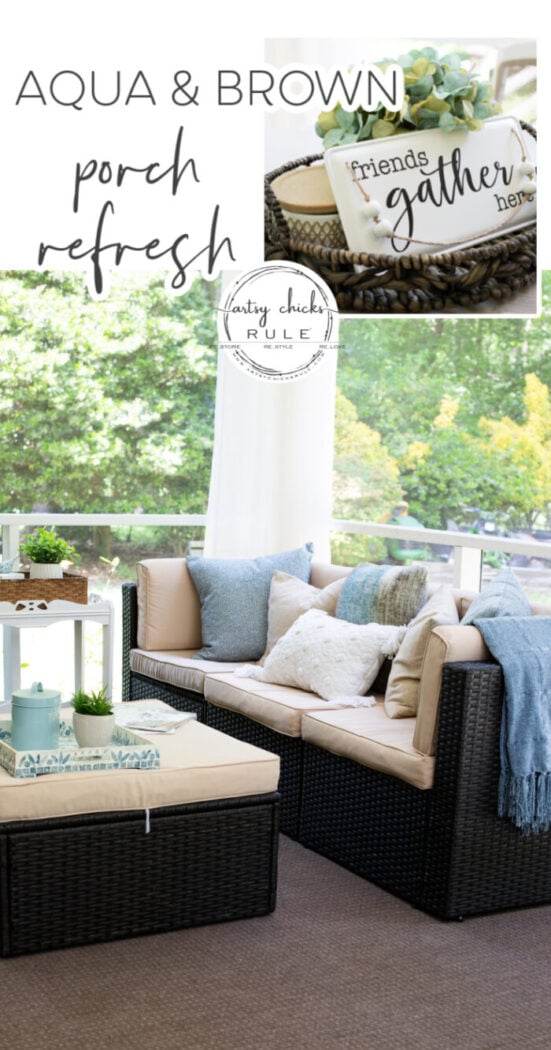 This aqua and brown screened porch refresh is cozy and inviting with pillows, throws, baskets, greenery, and more! artsychicksrule.com
