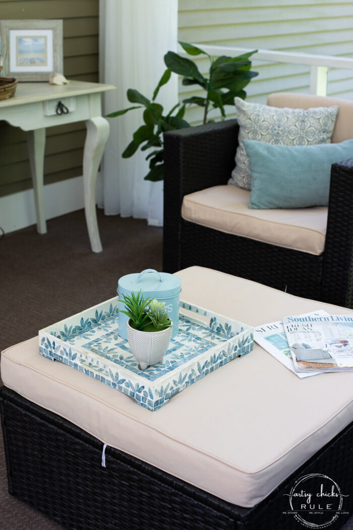 ottoman coffee table with aqua mosaic tray