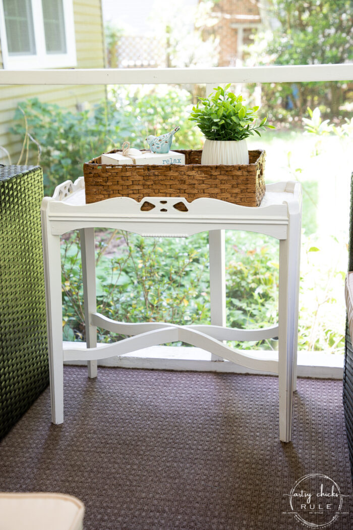 white table with brown basket