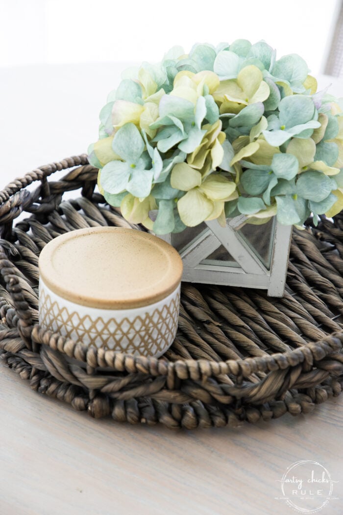 close up of aqua hydrangeas and basket tray