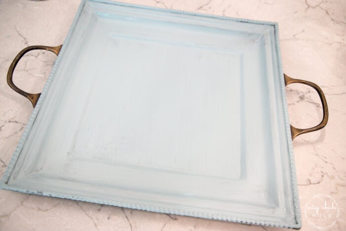 blue painted tray with metal handles