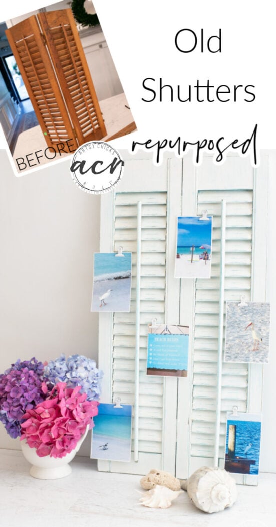 Thrifted old shutters repurposed into a cool new photo display for your favorite photos! Perfect for hanging on the wall. artsychicksrule.com