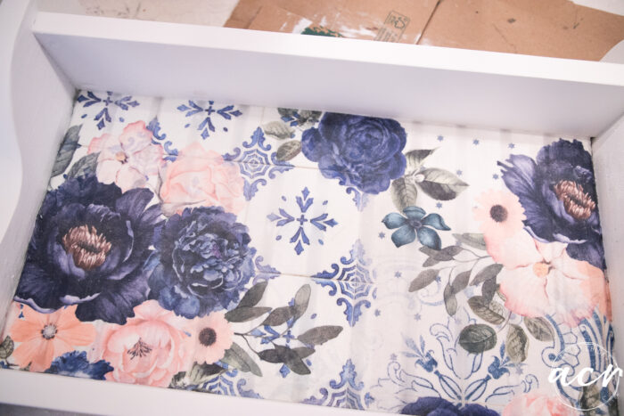 up close of pretty blue and pink floral decoupage