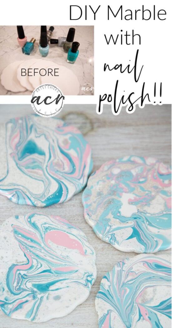 How to marble with nail polish...so easy! These coasters got a brand new look simply in about 2 minutes time! artsychicksrule.com #marblepolish #nailpolishcrafts #marblenailpolish