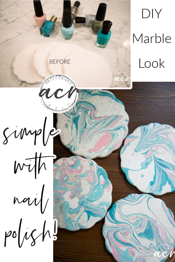 How to marble with nail polish...so easy! These coasters got a brand new look simply in about 2 minutes time! artsychicksrule.com #marblepolish #nailpolishcrafts #marblenailpolish