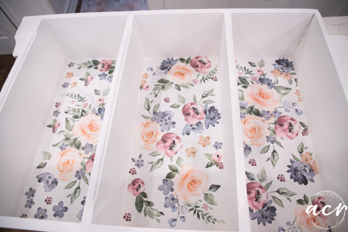 showing all 3 backs of the shelves with the floral transfer