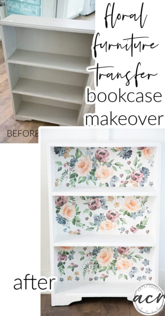 This bright and colorful floral furniture transfer was the perfect addition to this $6 thrift store bookcase. artsychicksrule.com