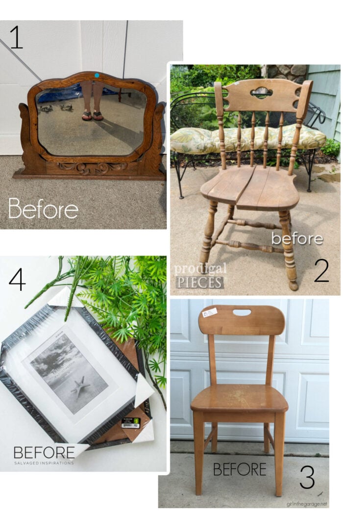 Trash to treasures before...2 chairs, mirror and frames