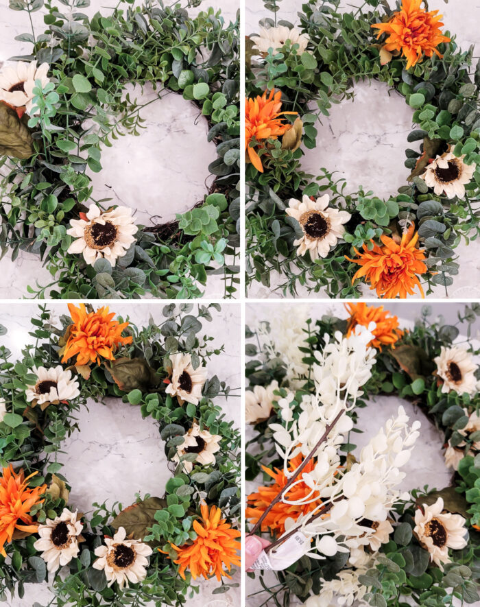 4 photos of fall wreath showing how to add the flowers