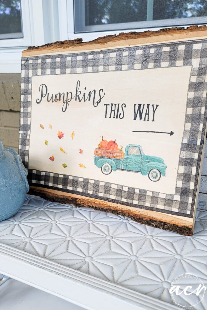 wood slice with napkin decoupage aqua truck and pumpkins this way lettering