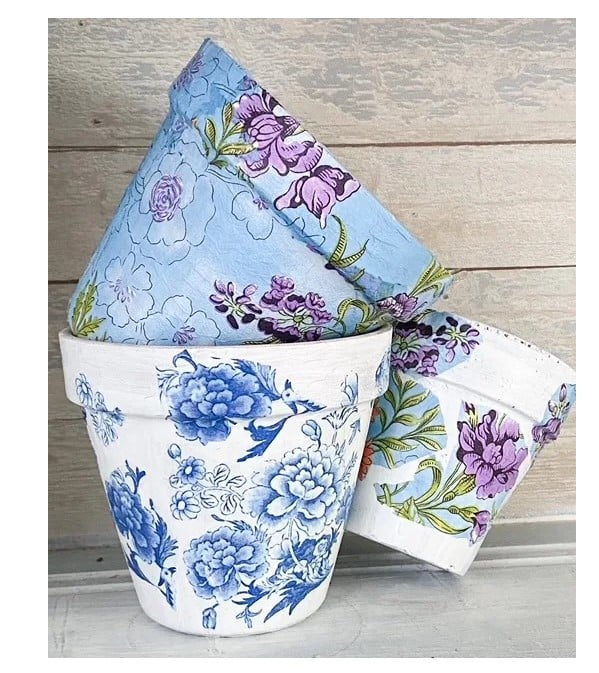 plant pots with floral napkin decoupage