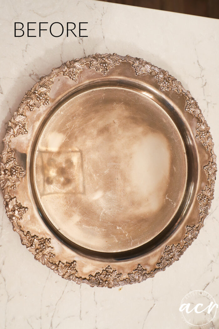 old tarnished metal tray on counter